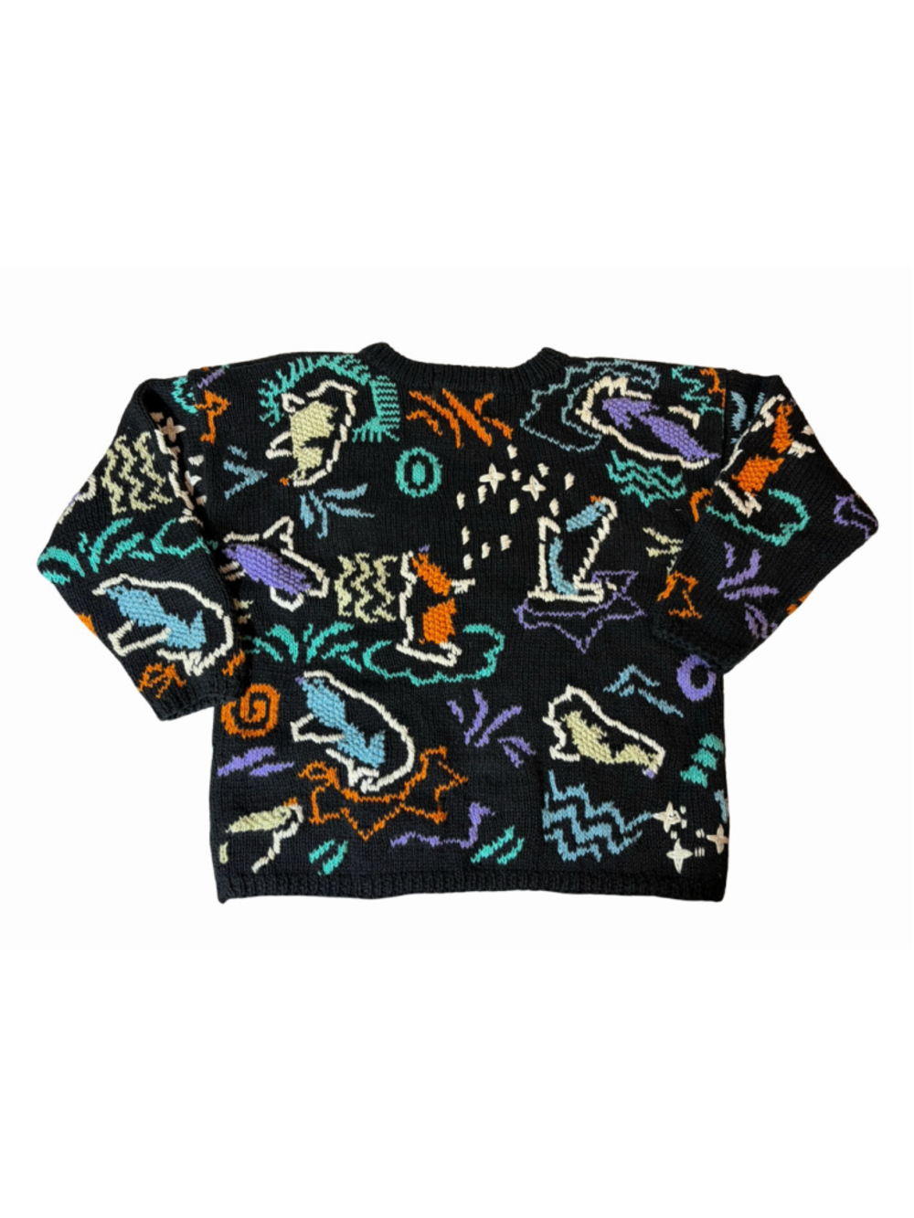 Vintage Gil Aimbez Hand Knit Sweater M Black Abstract Fish Ramie Cotton 80s